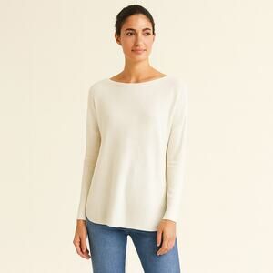 White + Warren Cotton Boat Neck Knit Long Snap Back Sweater White M